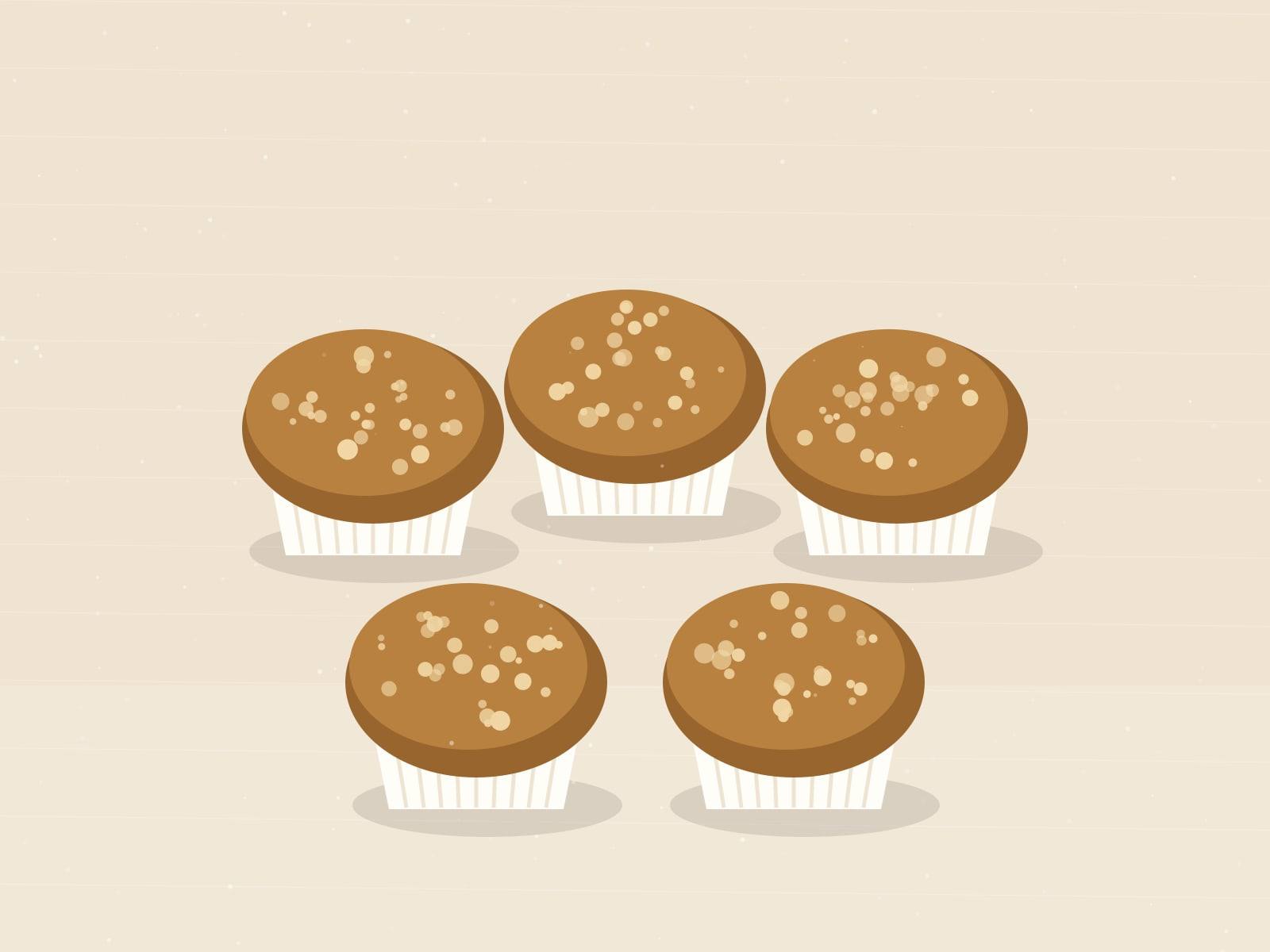 Illustrated batch of golden-brown oat muffins with crumbly tops in paper liners