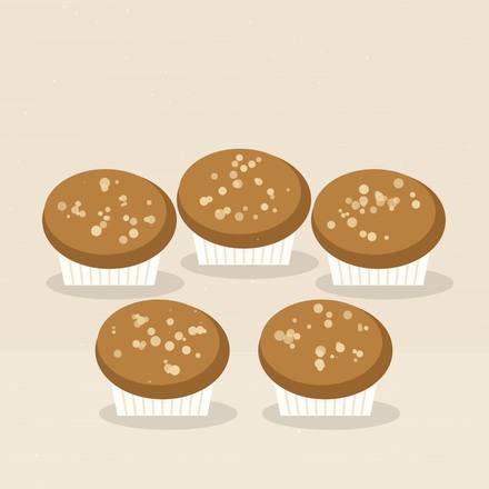 Illustrated batch of golden-brown oat muffins with crumbly tops in paper liners