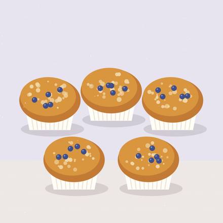 Illustrated blueberry muffins with crumbly streusel tops and blueberries in white paper liners