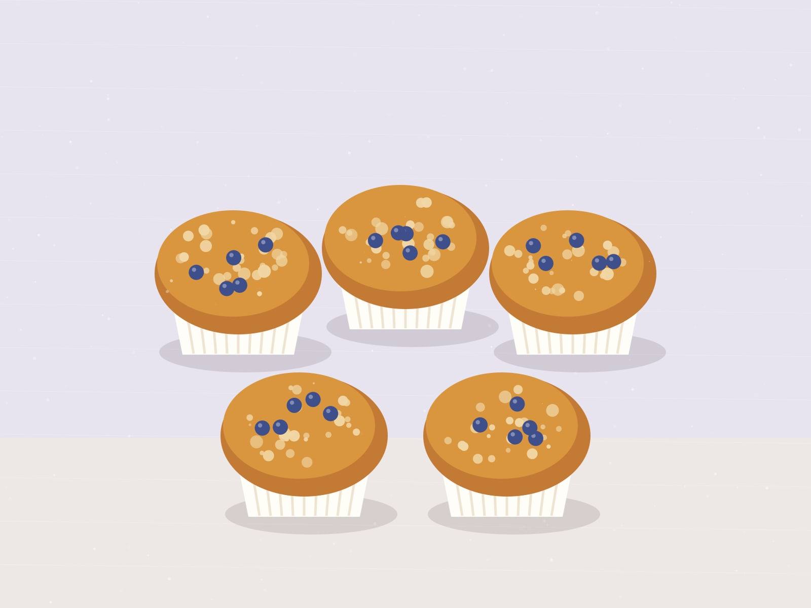 Illustrated blueberry muffins with crumbly streusel tops and blueberries in white paper liners