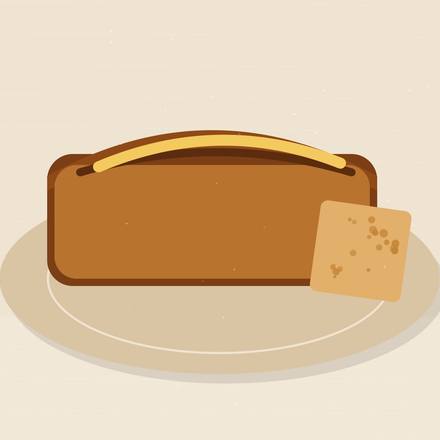 Illustrated loaf of banana bread with a split, caramelized top and one slice cut beside it