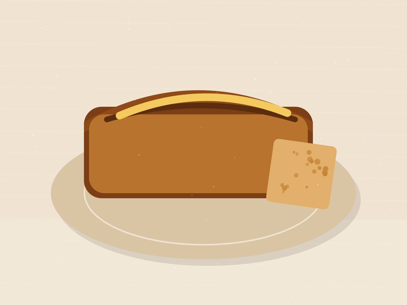 Illustrated loaf of banana bread with a split, caramelized top and one slice cut beside it
