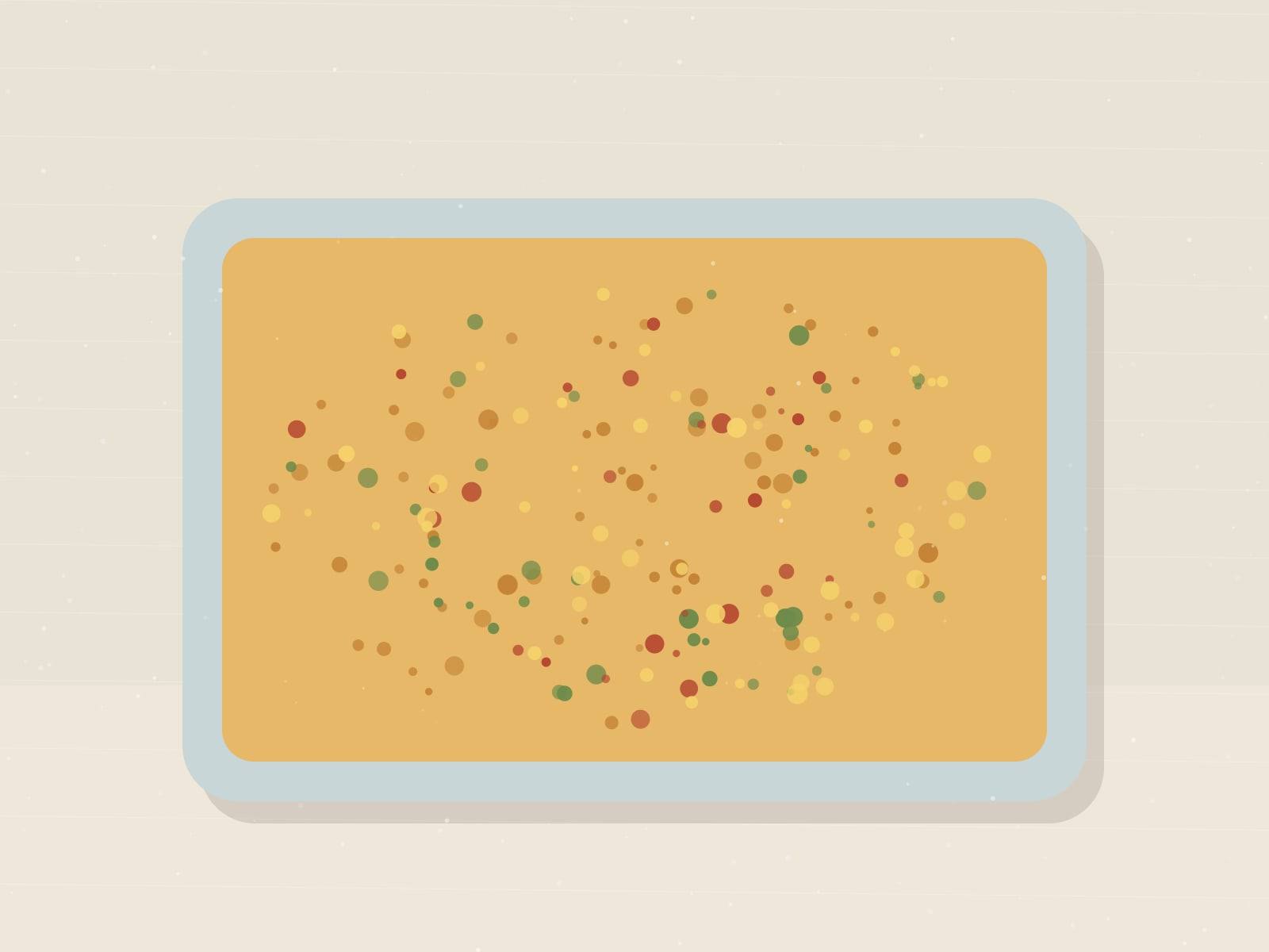Illustrated baking dish of golden breakfast strata flecked with melted cheddar, herbs and red pepper