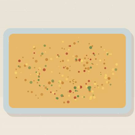 Illustrated baking dish of golden breakfast strata flecked with melted cheddar, herbs and red pepper