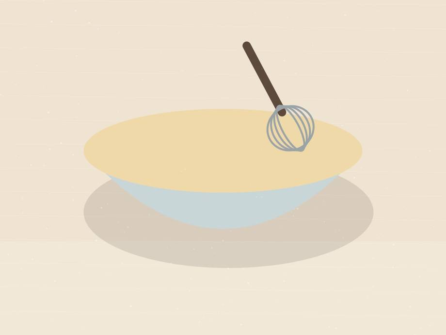 Illustrated mixing bowl of pale pancake batter with a whisk resting in it