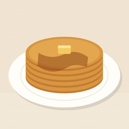Illustrated stack of golden buttermilk pancakes topped with a pat of butter and maple syrup on a cream plate