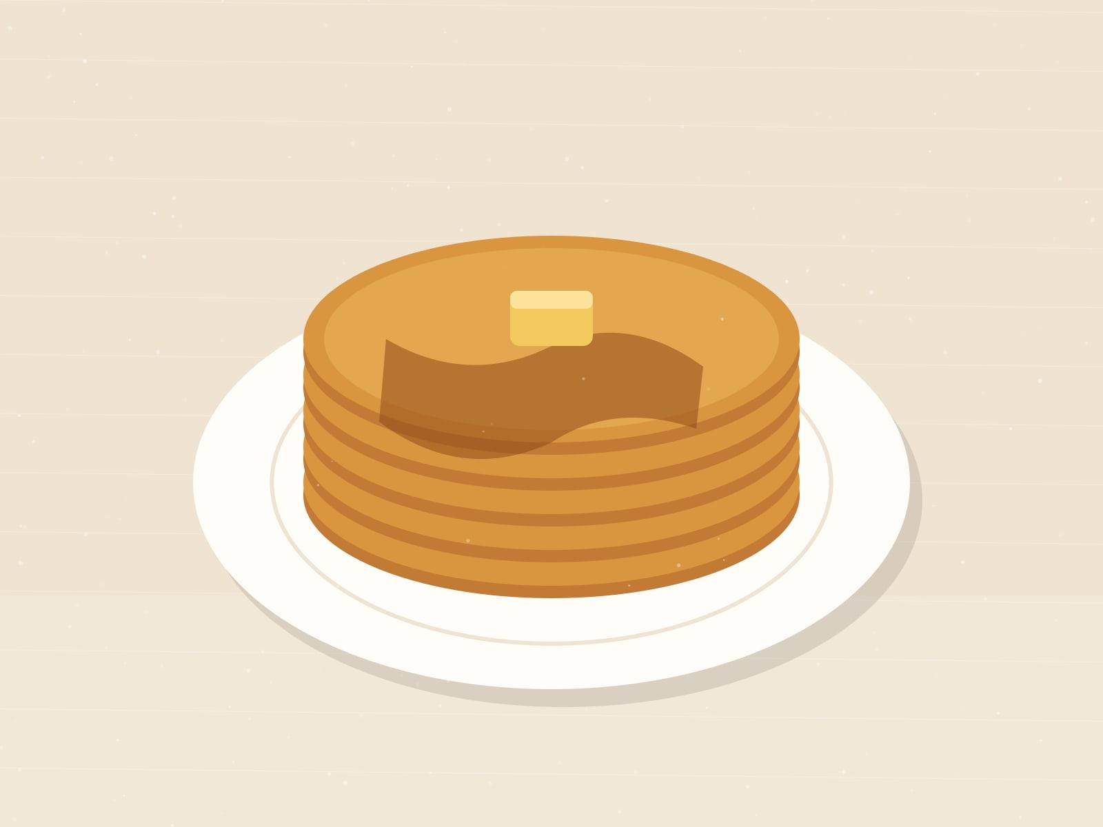 Illustrated stack of golden buttermilk pancakes topped with a pat of butter and maple syrup on a cream plate