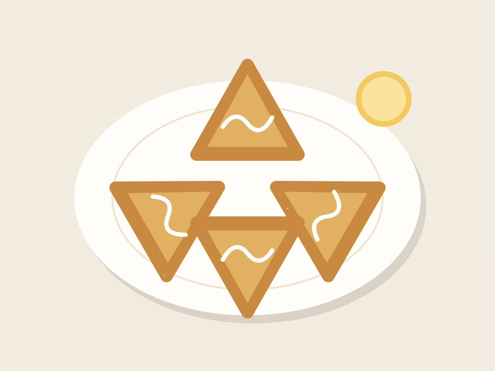Illustrated triangular golden scones drizzled with white lemon glaze on a cream plate