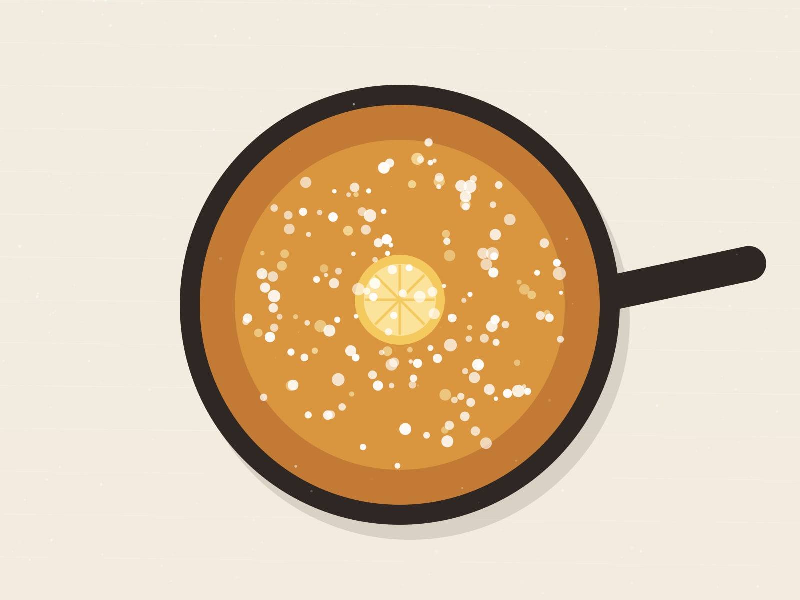 Illustrated cast-iron skillet holding a golden Dutch baby dusted with powdered sugar and a lemon slice