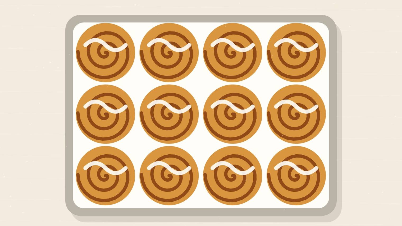 Illustrated pan of iced cinnamon rolls arranged in neat rows