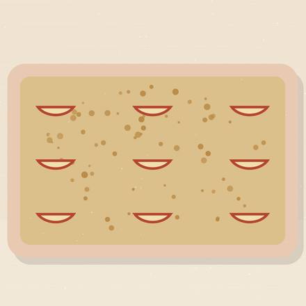 Illustrated baking dish of golden baked oatmeal topped with fanned apple slices