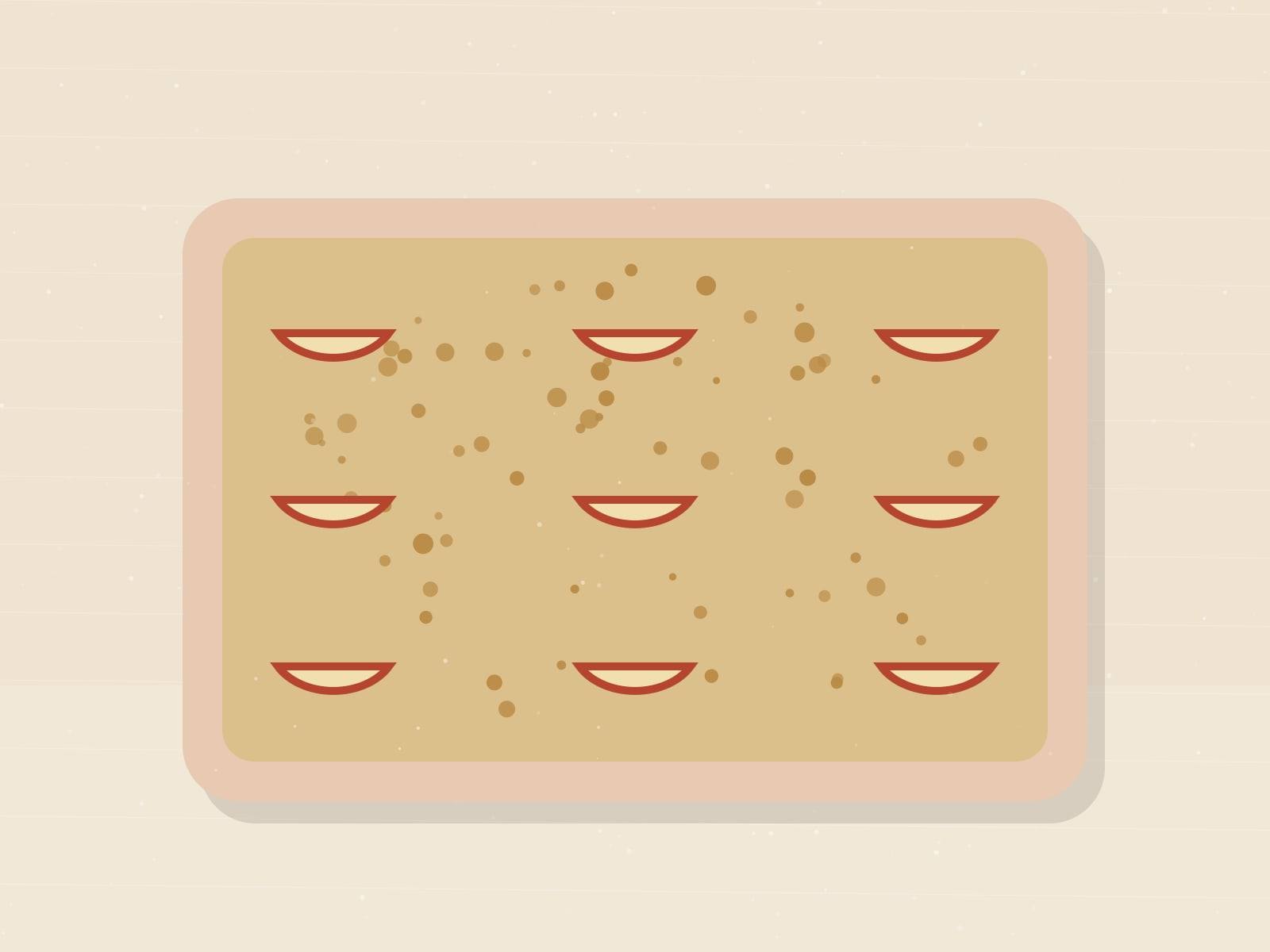 Illustrated baking dish of golden baked oatmeal topped with fanned apple slices