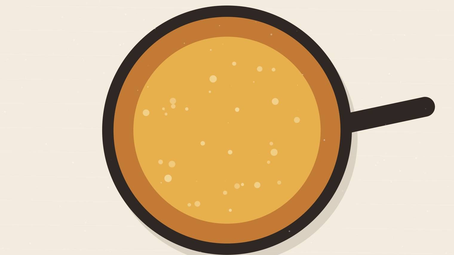 Illustrated round cake pan seen from above with a golden, evenly browned surface