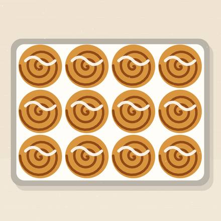 Illustrated pan of twelve swirled cinnamon rolls drizzled with white icing