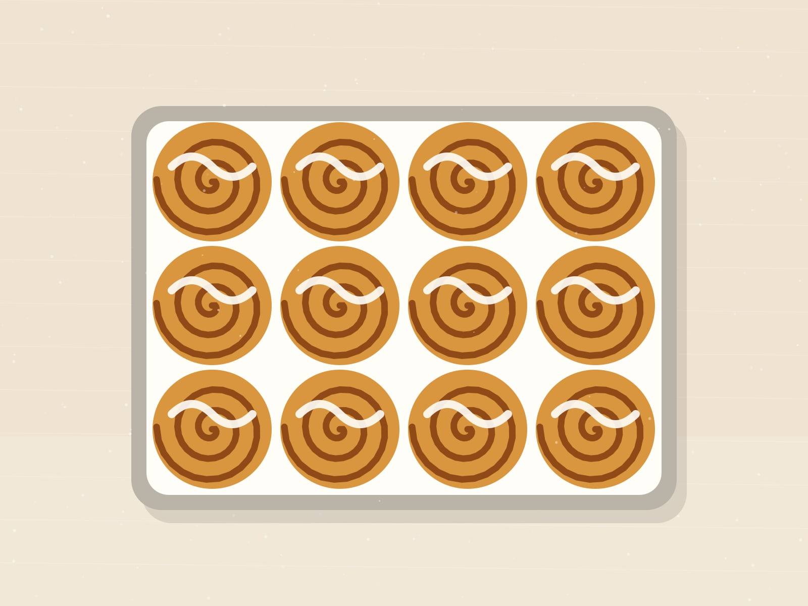 Illustrated pan of twelve swirled cinnamon rolls drizzled with white icing
