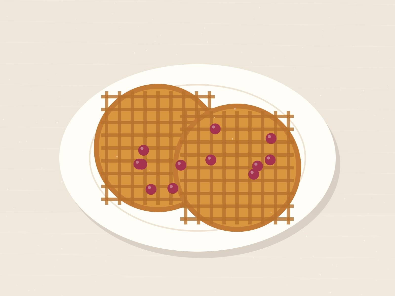 Illustrated pair of round golden waffles on a plate scattered with raspberries