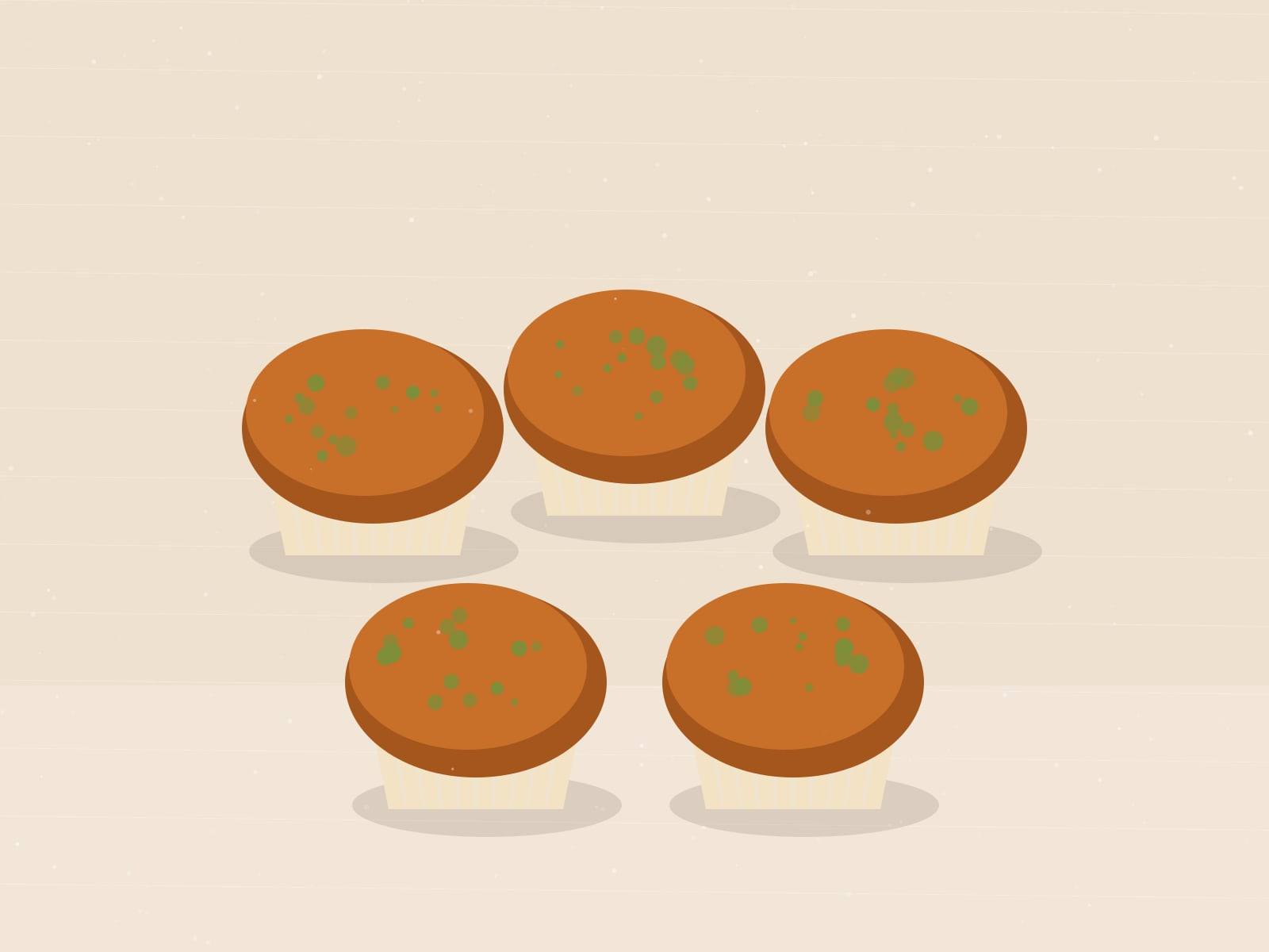 Illustrated orange pumpkin muffins in cream liners topped with green pumpkin seeds