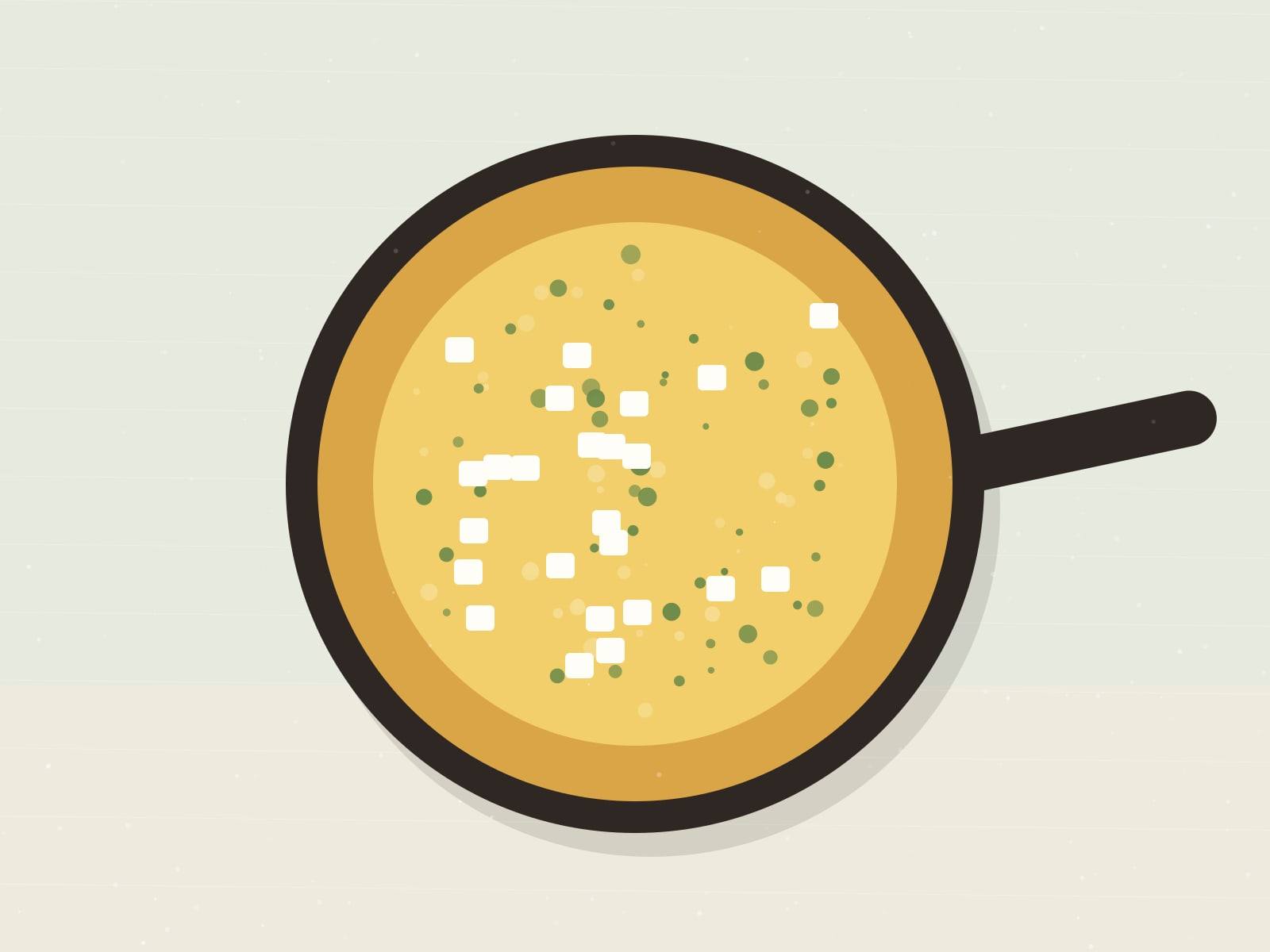 Illustrated skillet frittata flecked with spinach, cubes of white feta and herbs