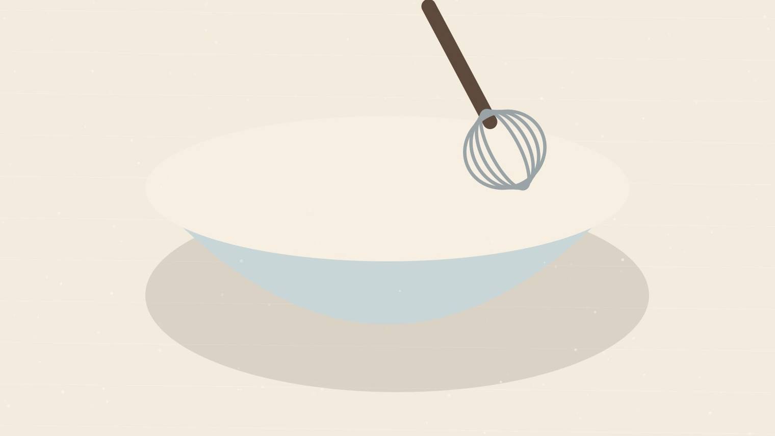 Illustrated mixing bowl of pale batter with a whisk, ready for weighing